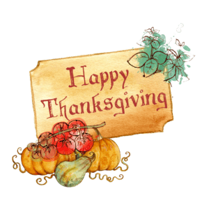 A "Happy Thanksgiving" wooden sign surrounded by autumn vegetables.