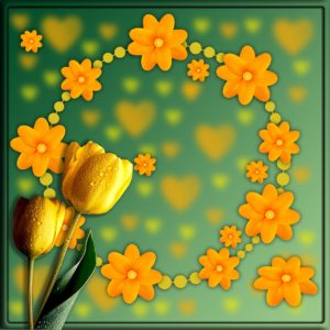 Illustration of orange and yellow flowers against a green background.
