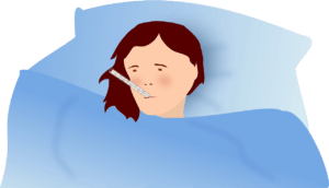 Illustration of ill person in bed with thermometer in their mouth