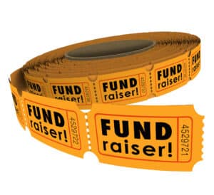 Yellow tickets with the word "fundraiser" on them