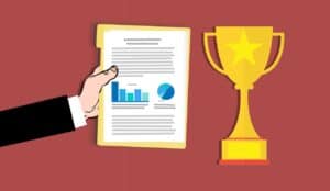 Illustration of trophy and hand holding winner's certificate