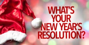 Red Santa hat with the words "What's your New Year's resolution?"