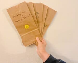 Hand holding decorated lunch bags.
