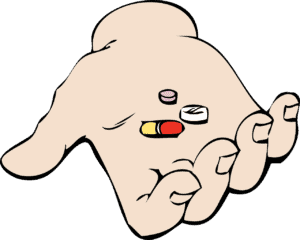 Drawing of a hand holding three pills.