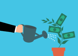 Illustration of hand holding a watering can and watering a money tree.