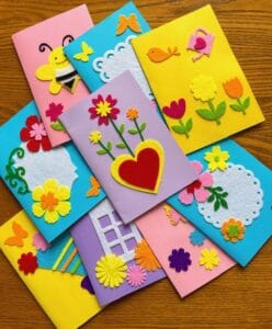 Image of 9 colorful handmade greeting cards.