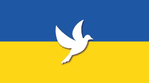 Ukrainian flag with white dove of peace.