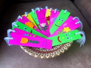 Basket of colorful handmade bookmarks