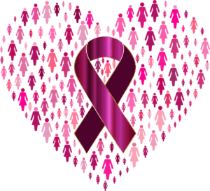 Breast cancer ribbon surrounded by pink heart.