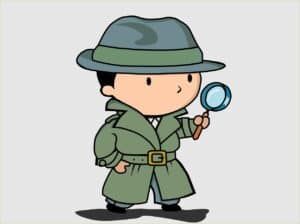 Drawing of male detective wearing a trench coat & holding a magnifying glass.